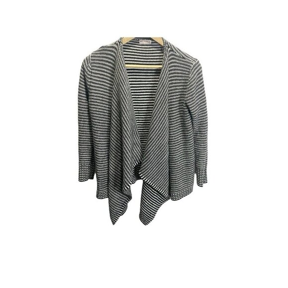 Merona Cardigan Sweater Size M Black & White Striped Waterfall Front Knit Fall - Picture 1 of 4